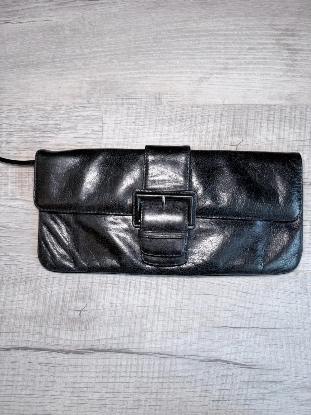 HOBO International Black Leather Clutch Wristlet Buckle Purse